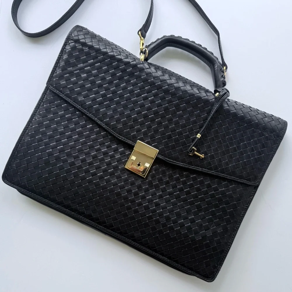 Vintage Florence Leather School / Scuola Del Cuoio Black Woven Leather Briefcase - Picture 2 of 16